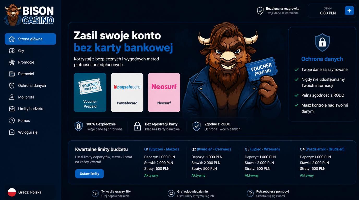 Voucher prepaid, Paysafecard, Neosurf chroniący dane i kontrola budżetu w Bison Casino