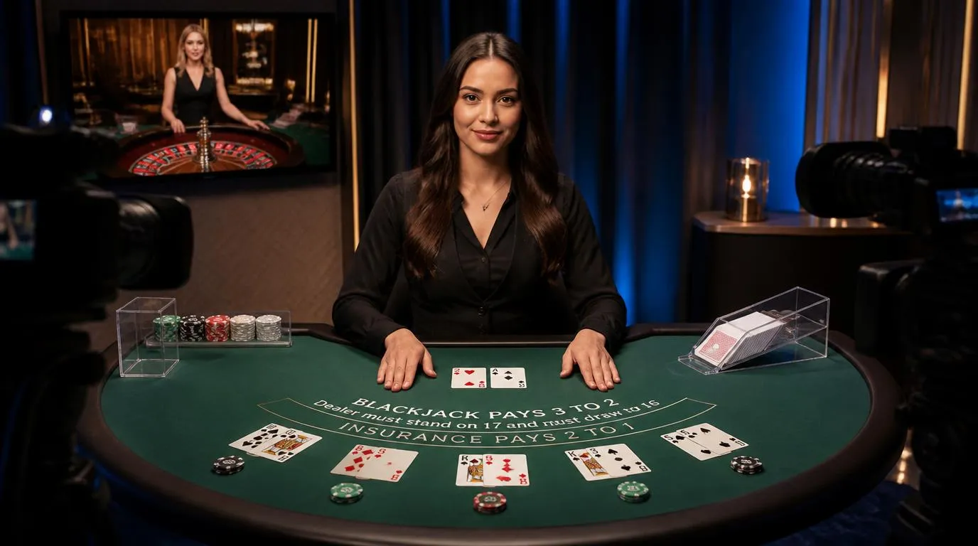 Krupier przy stole do blackjacka w jasnym studiu kasyna na żywo, z widoczną transmisją gry
