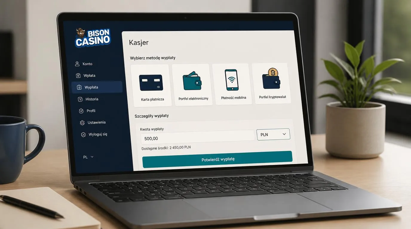 Ekran kasy z kartą, portfelem elektronicznym i kryptowalutami oraz podglądem kwoty wypłaty w PLN