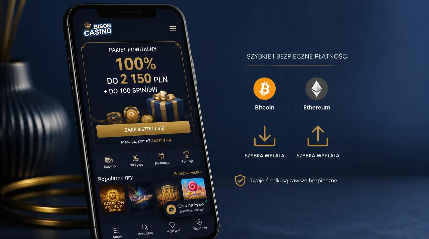 Telefon z widokiem kasyna, ofertą powitalną oraz symbolami wpłat i wypłat w kryptowalutach