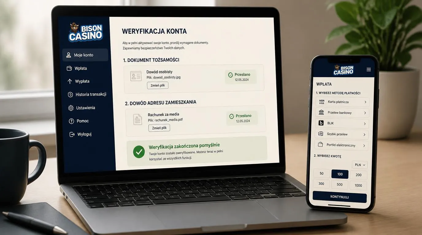 Ekran weryfikacji konta z polami na dokument tożsamości i adres oraz wyborem metody wpłaty